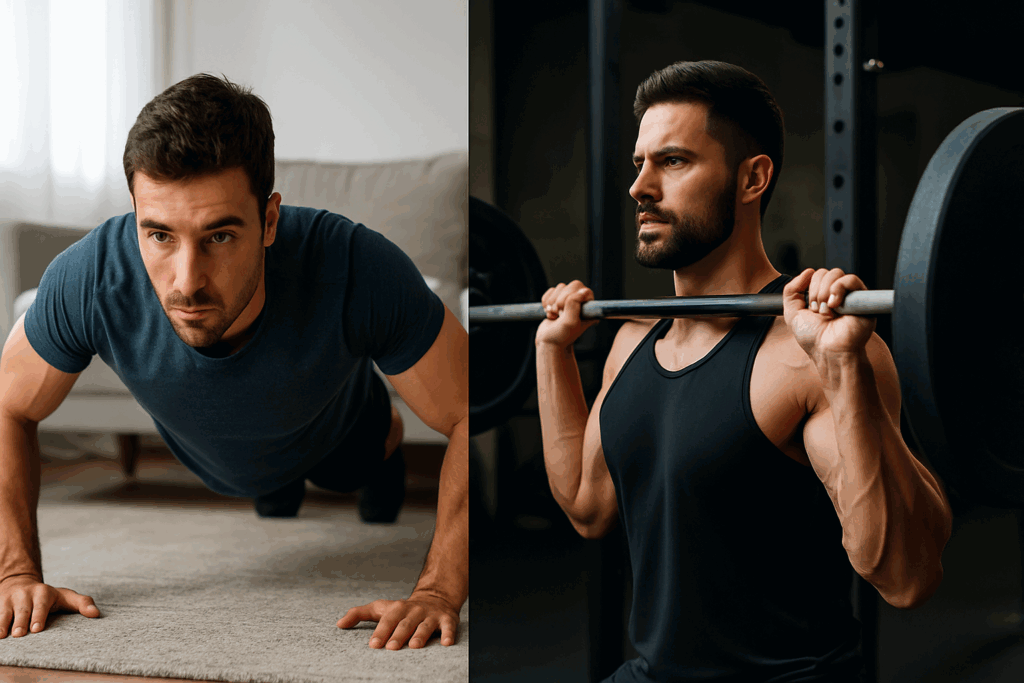 Split-screen image of a man doing push-ups at home and another lifting weights in a gym, illustrating a bodyweight strength program vs weight training.
