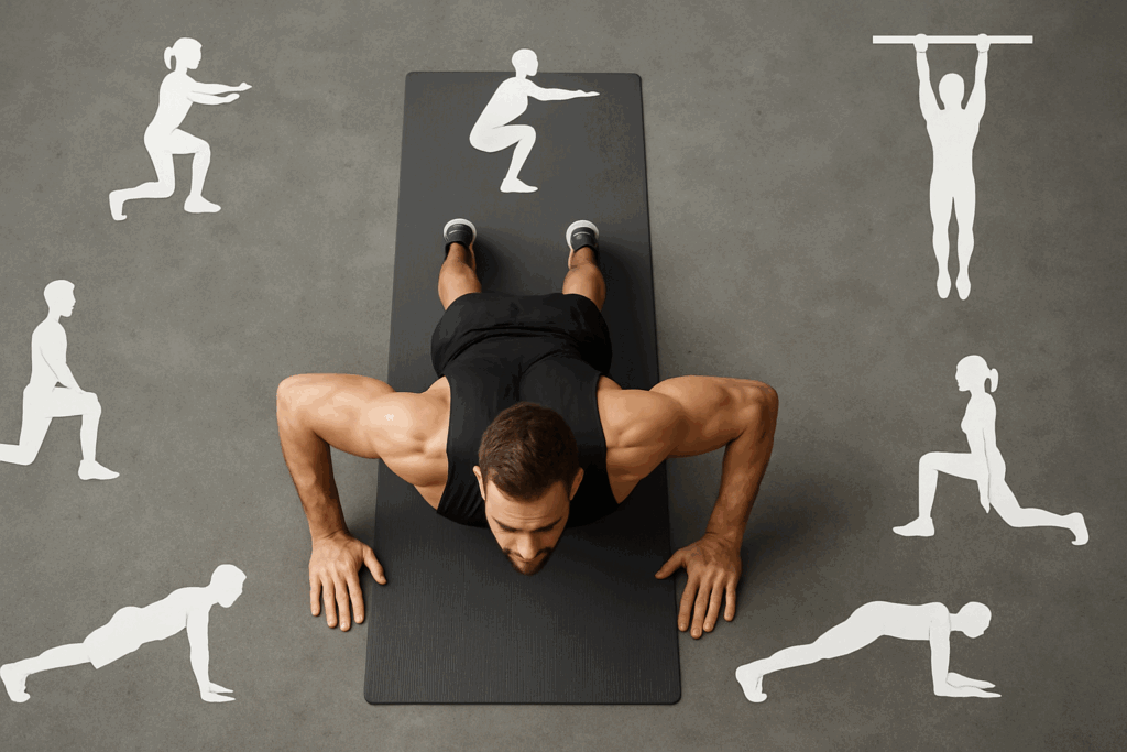 Man performing a push-up on a mat surrounded by icons of bodyweight exercises illustrating variety in a bodyweight strength program.
