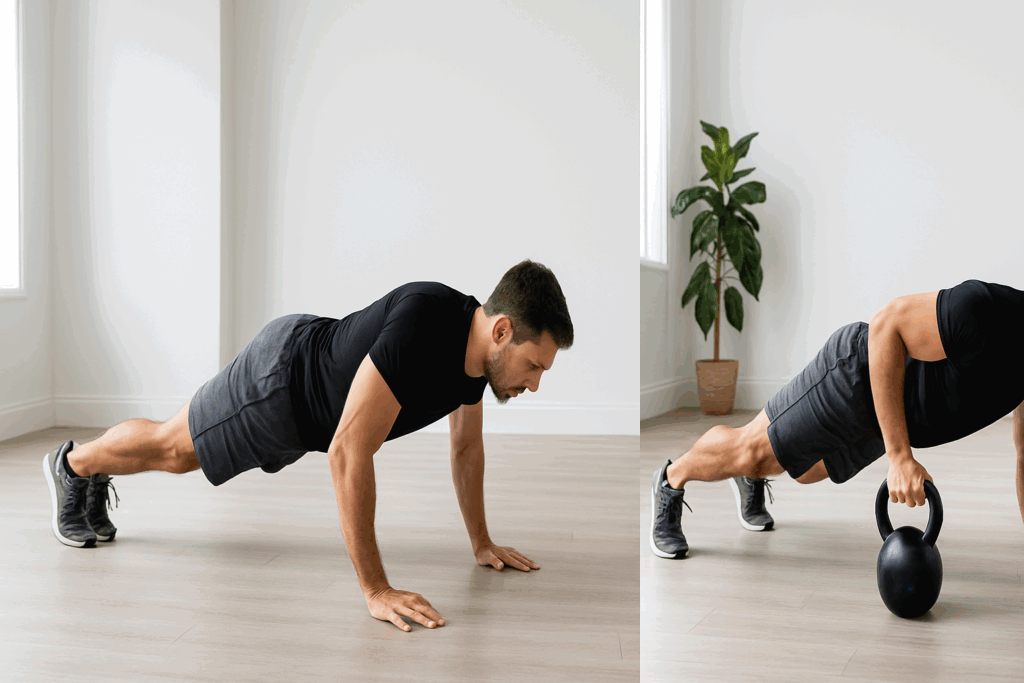 Man progressing through push-up variations in a bright room, demonstrating a bodyweight strength program for upper body gains.