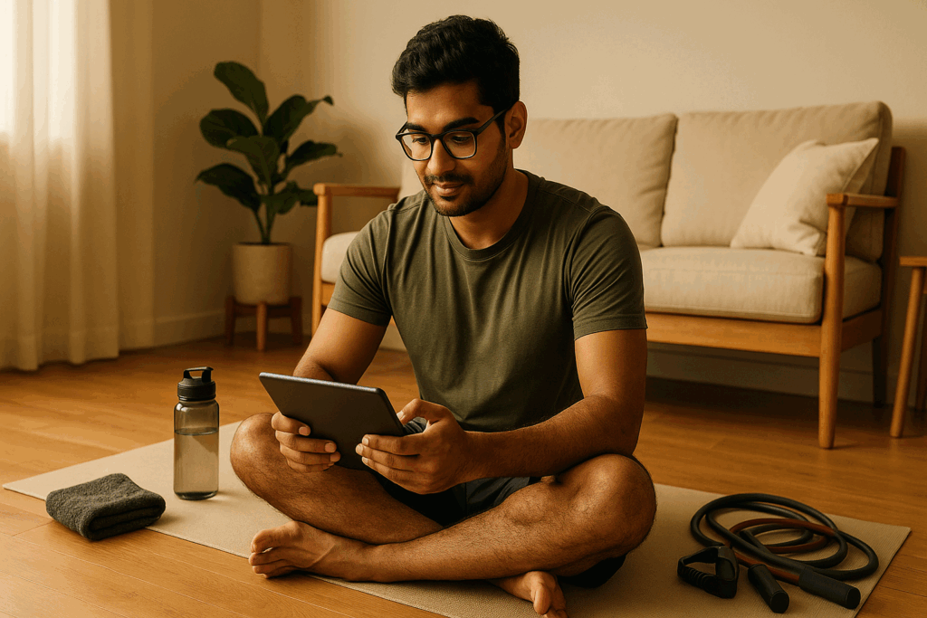 Man planning his bodyweight strength program on a tablet while seated on a yoga mat with water bottle, towel, and resistance bands nearby.
