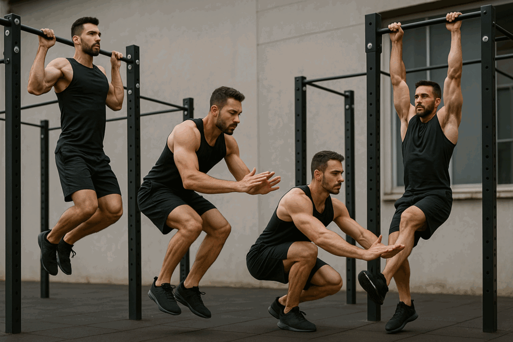 Man performing pull-ups, push-ups, pistol squats, and hanging leg raises outdoors, demonstrating a full-bodyweight strength program in action.