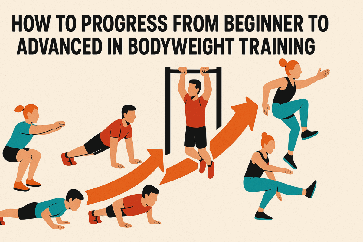 Visual infographic showing progression of a bodyweight strength program with three athletes advancing from squats and knee push-ups to pull-ups and pistol squats.