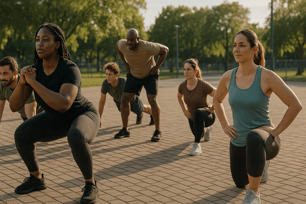 Diverse group of people outdoors performing a full-body circuit with squats, push-ups, and planks as part of a bodyweight strength program.