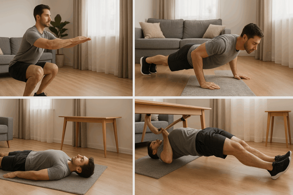 Man demonstrating five beginner exercises—squat, push-up, glute bridge, inverted row, and plank—as part of a bodyweight strength program in a home setting.