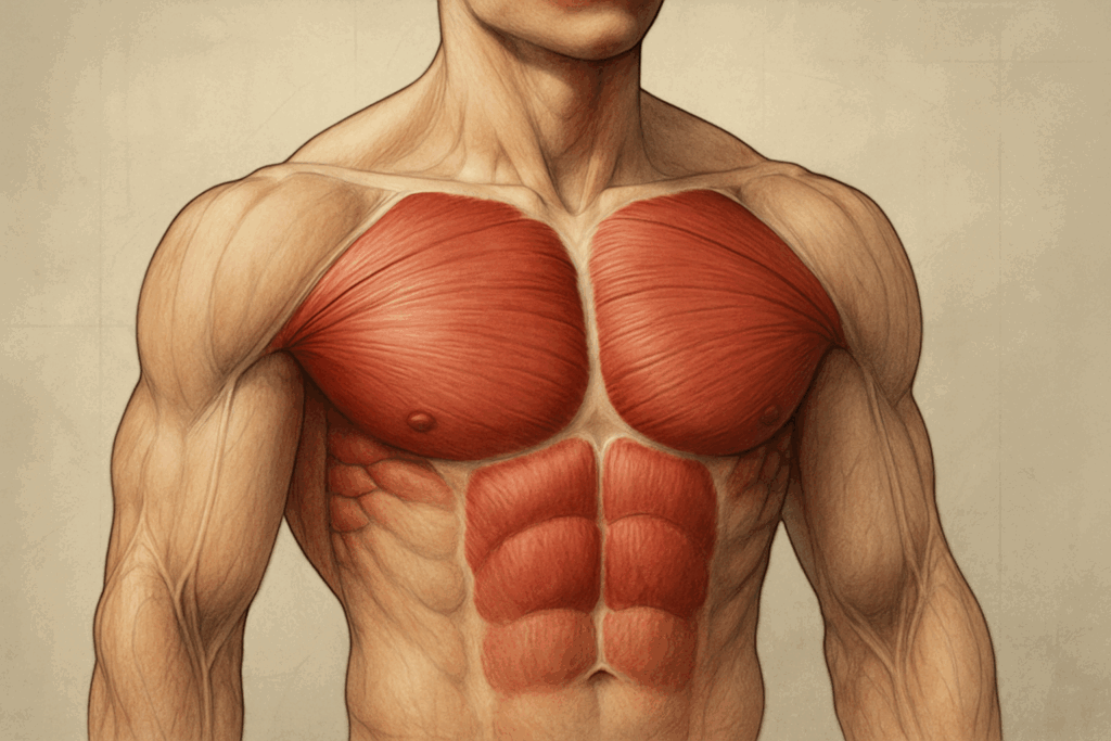 Anatomical illustration of male upper torso showing pectoral muscles and supporting groups for a chest workout plan for men.
