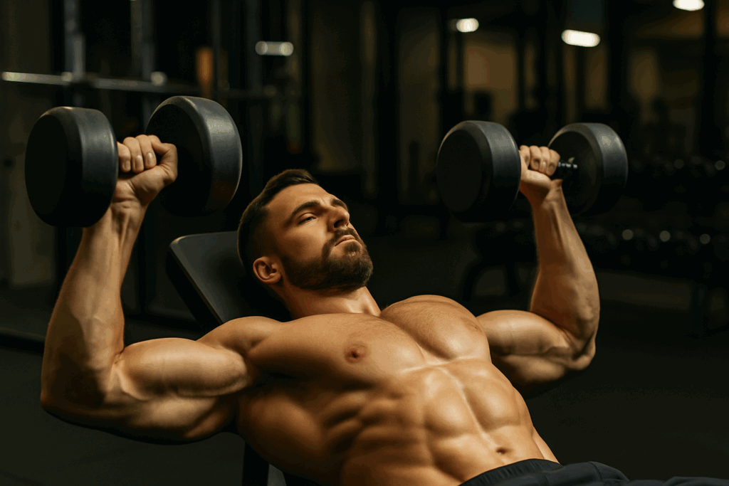 Man performing a flat dumbbell press with full chest and triceps engagement as part of a chest workout plan for men in a gym.