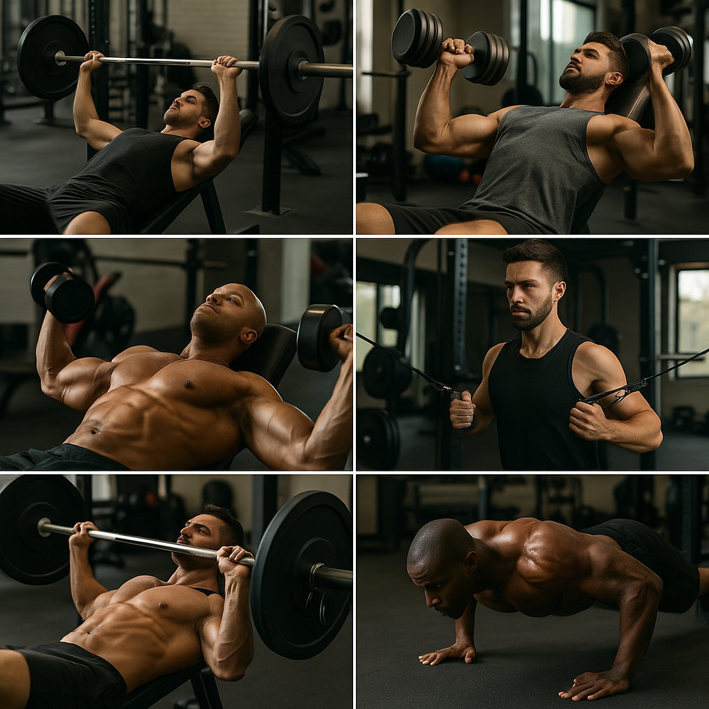 Collage of six men demonstrating key lifts in a chest workout plan for men including bench press, flyes, and push-up variations.