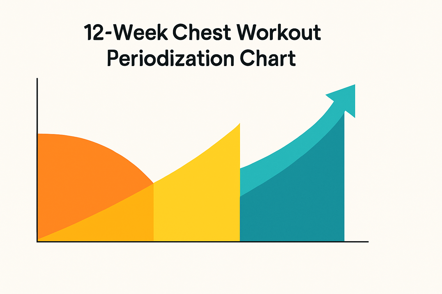 Color-coded graphic illustrating a 12-week chest workout plan for men with hypertrophy, strength, and power training phases.