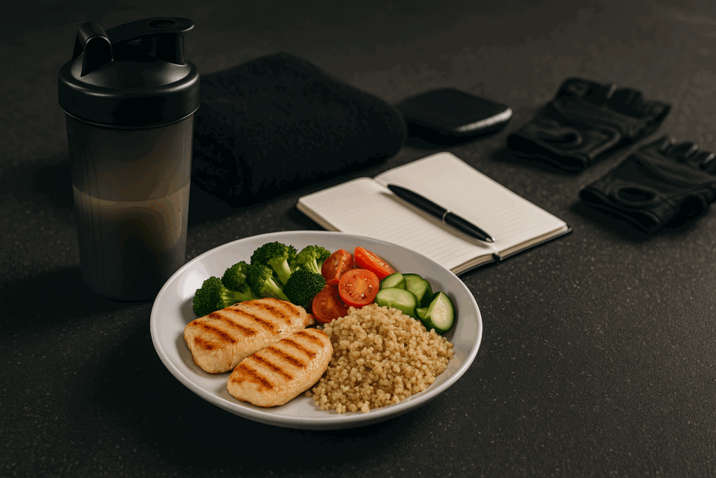 Grilled chicken with quinoa and vegetables beside a protein shaker and gym gear, supporting recovery in a chest workout plan for men.
