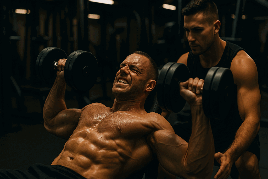 Man performing intense dumbbell press with a spotter in a dark gym, illustrating a high-effort chest workout plan for men.