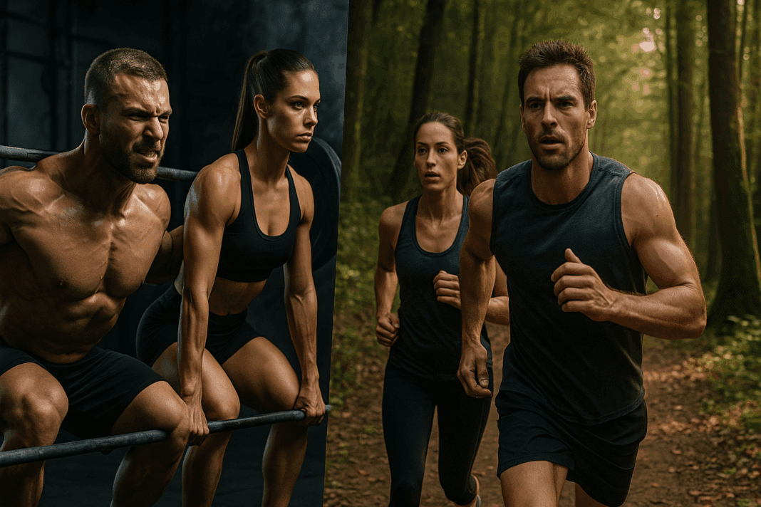 The Ultimate Comparison of Aerobic Exercise vs Strength Training for Effective Muscle-Building Strategies001 Split image showing aerobic exercise vs strength training with athletes trail running and lifting barbells intensely