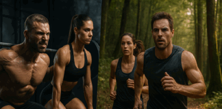 Split image showing aerobic exercise vs strength training with athletes trail running and lifting barbells intensely