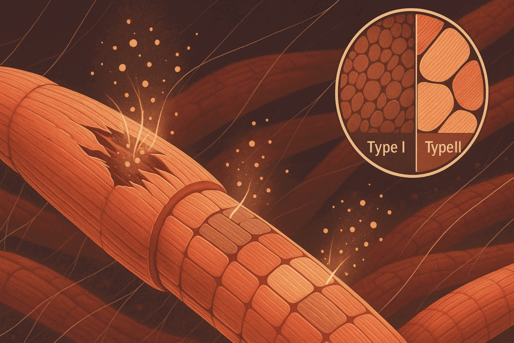 Stylized anatomical illustration of muscle hypertrophy showing microscopic muscle fibers under tension, highlighting differences relevant to aerobic exercise vs strength training