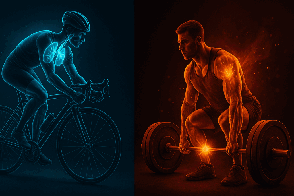 Side-by-side visual of aerobic exercise vs strength training showing a cyclist with highlighted oxygen pathways and a weightlifter with glowing energy bursts.