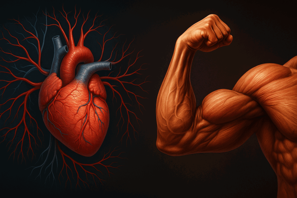 Detailed comparison of cardiovascular endurance through a healthy heart and vascular system versus muscular endurance shown by a flexed arm, illustrating aerobic exercise vs strength training.