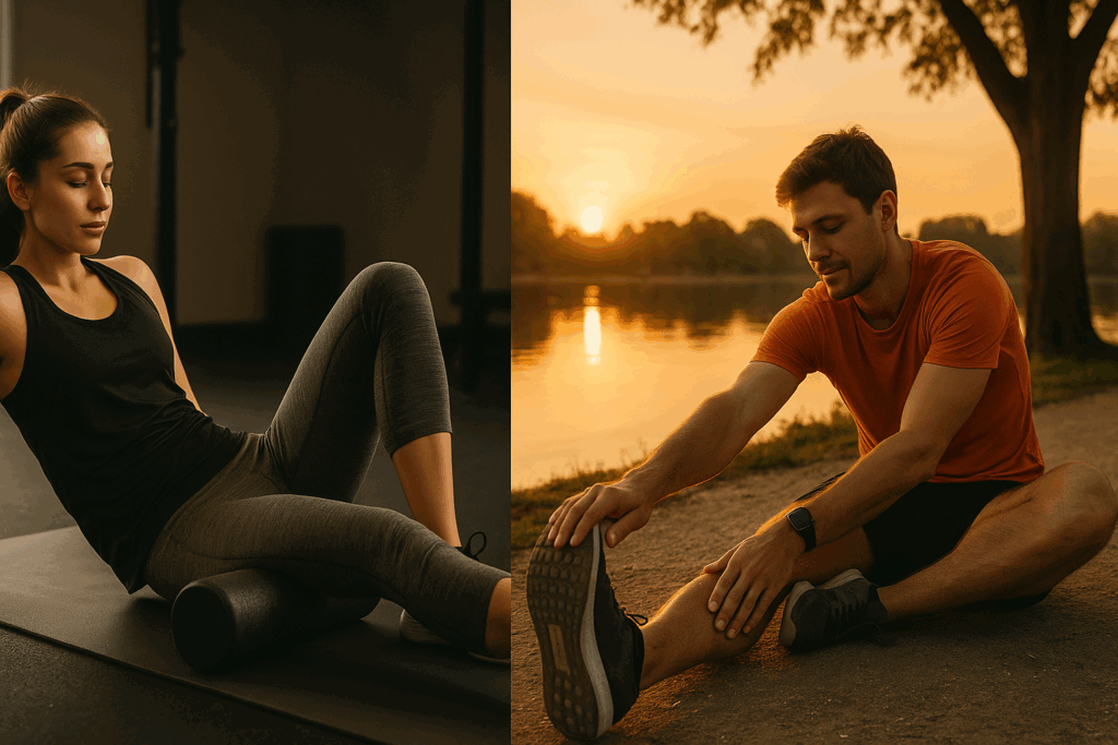 Athlete foam rolling in a gym and runner stretching by a lakeside at sunset, illustrating recovery differences in aerobic exercise vs strength training.