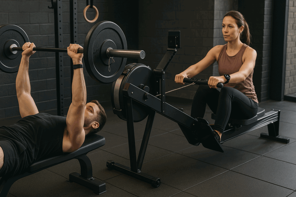 Man performing bench press while woman uses rowing machine nearby, illustrating aerobic exercise vs strength training integration in a modern gym.