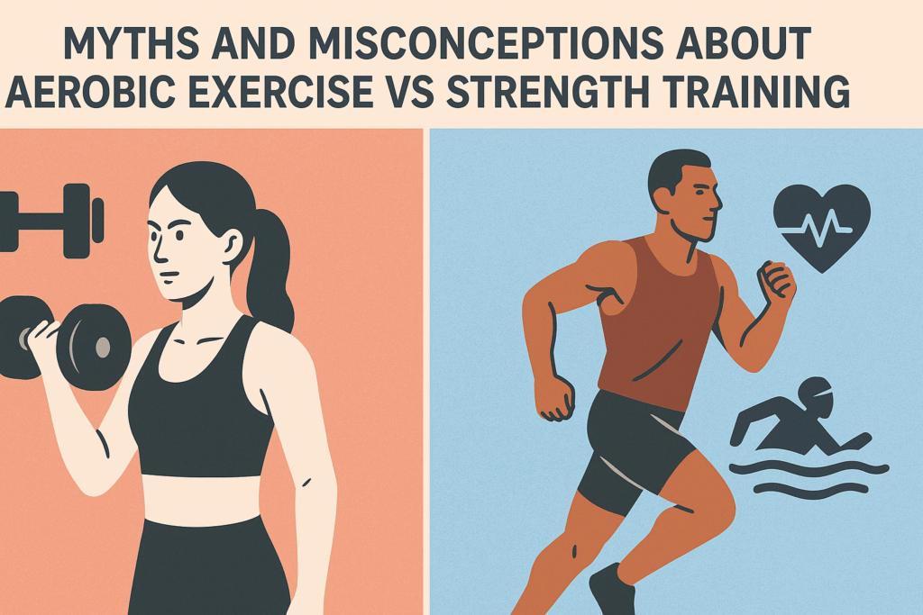 Infographic illustrating aerobic exercise vs strength training, with a woman lifting weights and a man running and swimming.