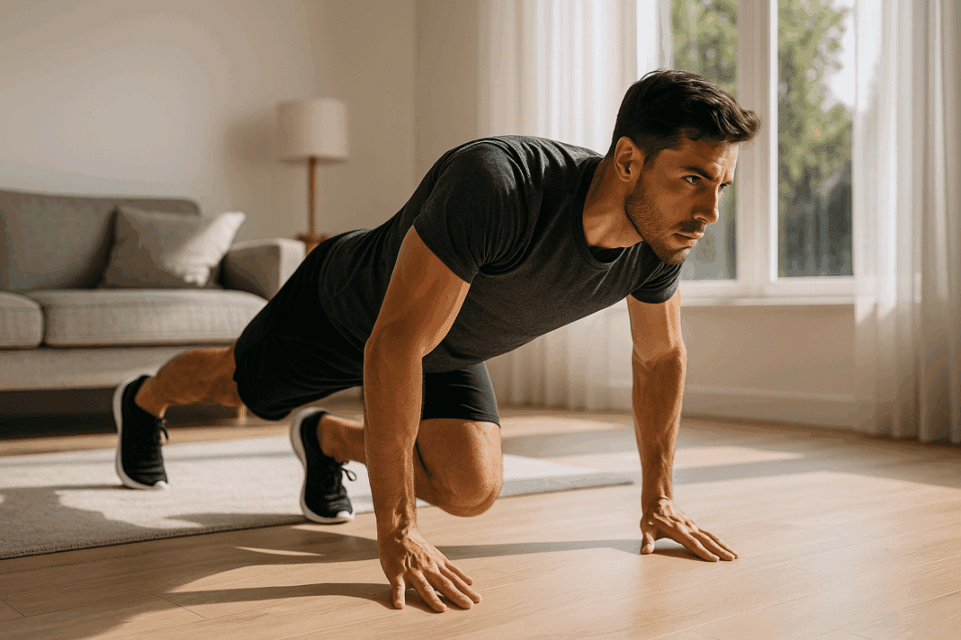 The Ultimate Full Body No Equipment Workout Men Need for Powerful Strength and Muscle Gains_01 Athletic man doing a push-up in a sunlit living room, demonstrating strength and focus during a full body no equipment workout men routine.