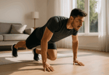 The Ultimate Full Body No Equipment Workout Men Need for Powerful Strength and Muscle Gains Athletic man doing a push-up in a sunlit living room, demonstrating strength and focus during a full body no equipment workout men routine.