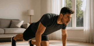 Athletic man doing a push-up in a sunlit living room, demonstrating strength and focus during a full body no equipment workout men routine.