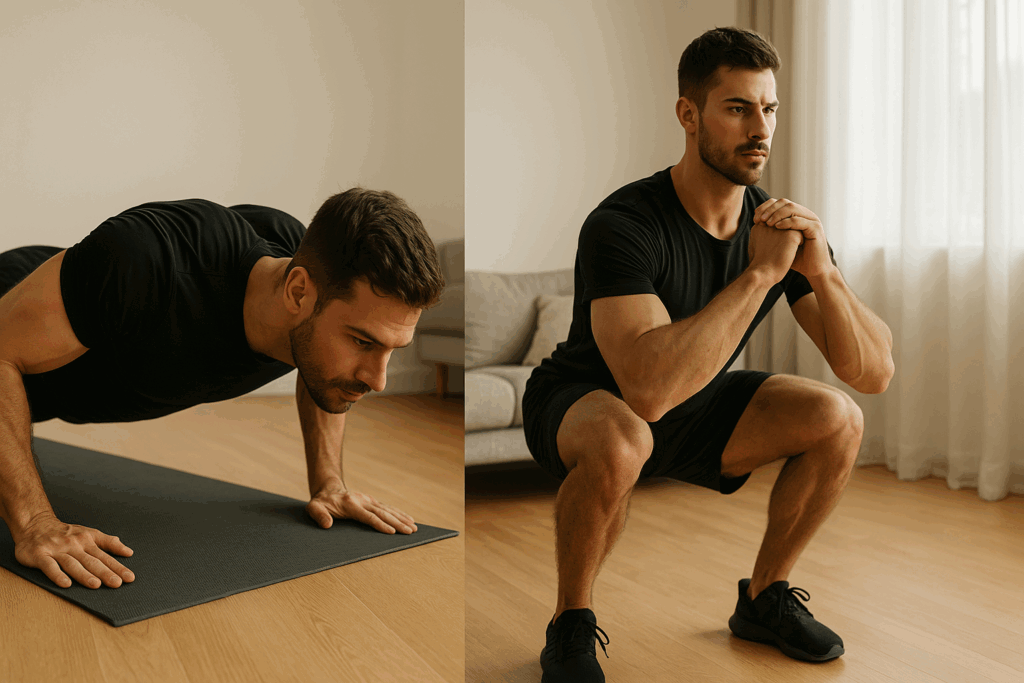 Split-screen image of a man doing push-ups and squats at home, demonstrating a full body no equipment workout men can do anywhere.