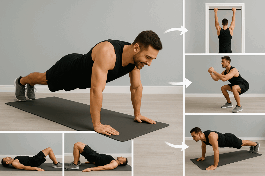 Man demonstrating a full body no equipment workout for men with push-ups, pull-ups, squats, hip thrusts, and a plank on a home mat.