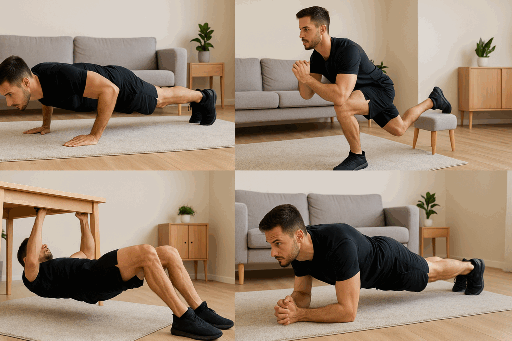 Man performing push-ups, Bulgarian split squats, inverted rows, and planks as part of a full body no equipment workout men routine in a minimalist home setting.