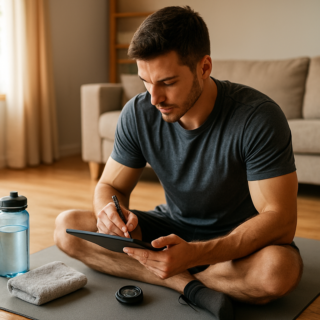 Man planning a full body no equipment workout men can follow at home, seated with a tablet, towel, water bottle, and timer.