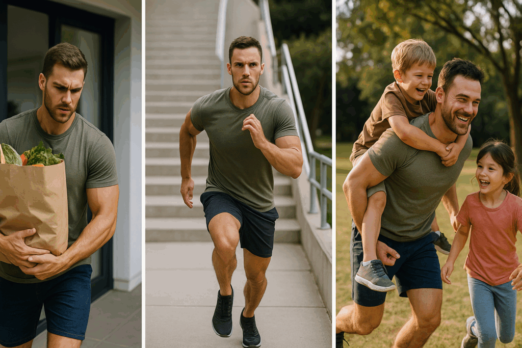 Man lifting groceries, sprinting upstairs, and playing with kids outdoors, showing real-life benefits of full body no equipment workout men follow.