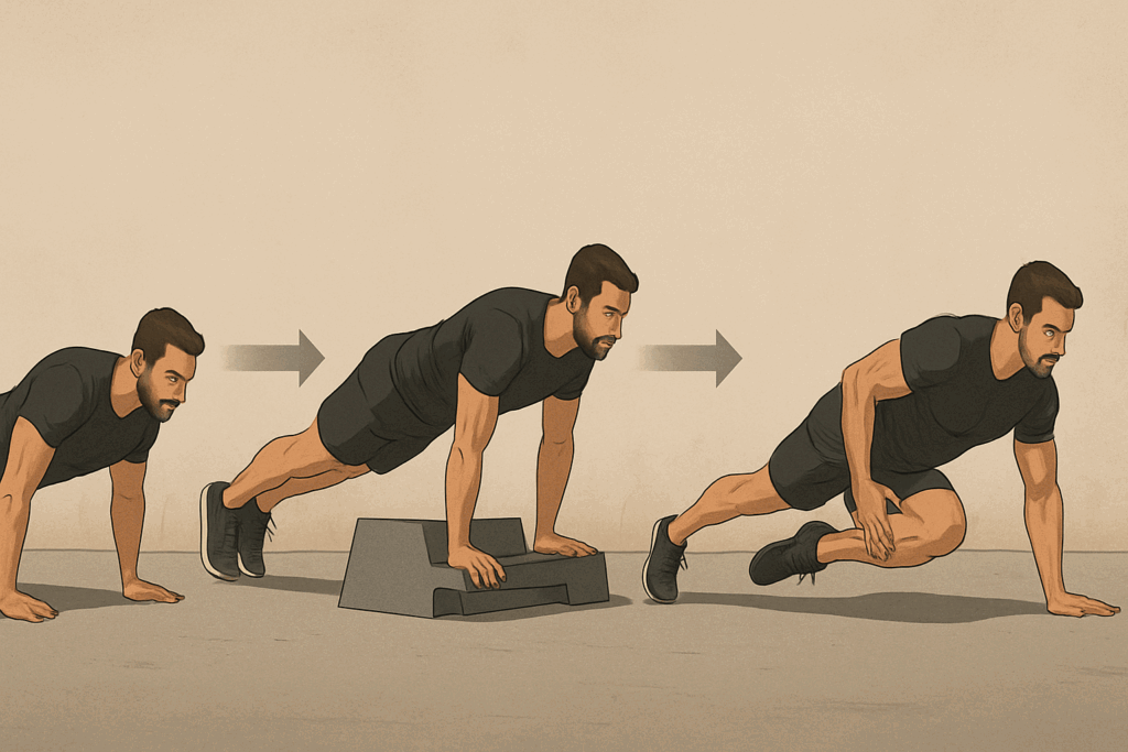 Man progressing from standard to decline to one-arm push-ups, demonstrating a full body no equipment workout men can follow for strength gains.