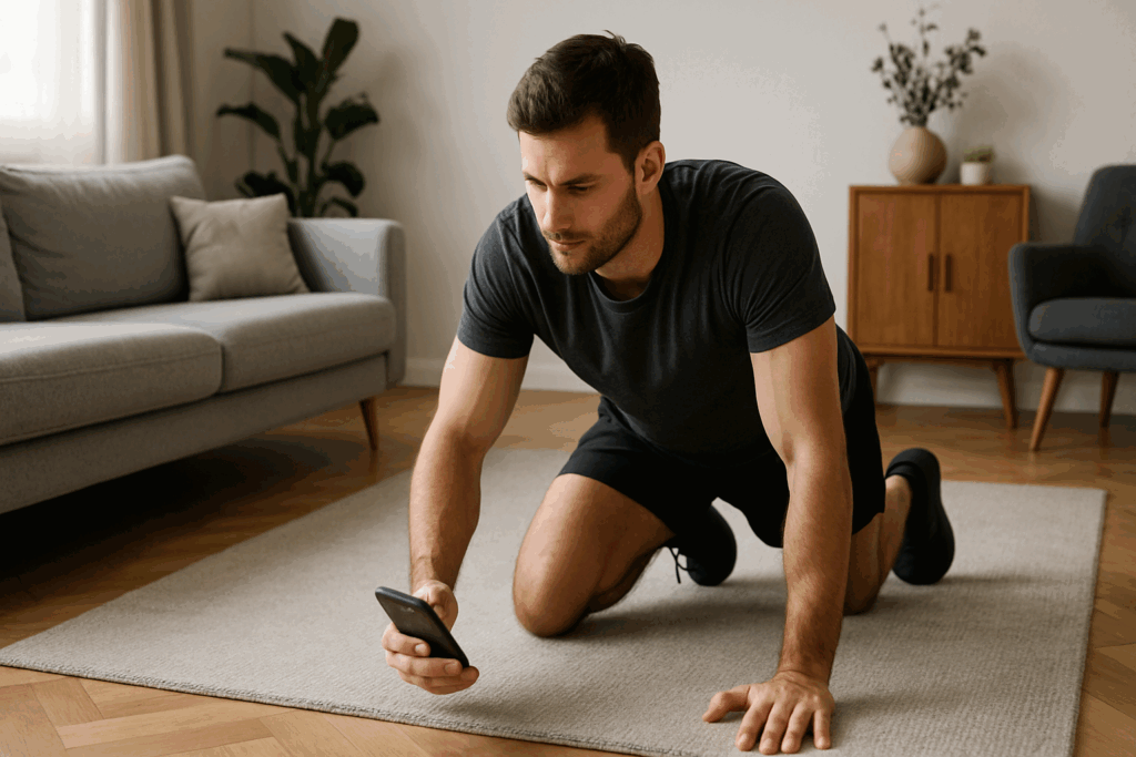 Fit man checking phone before push-ups in modern living room during full body no equipment workout men rely on.
