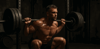 Muscular man performing heavy barbell squat in an industrial gym, illustrating intensity of german volume training plan.