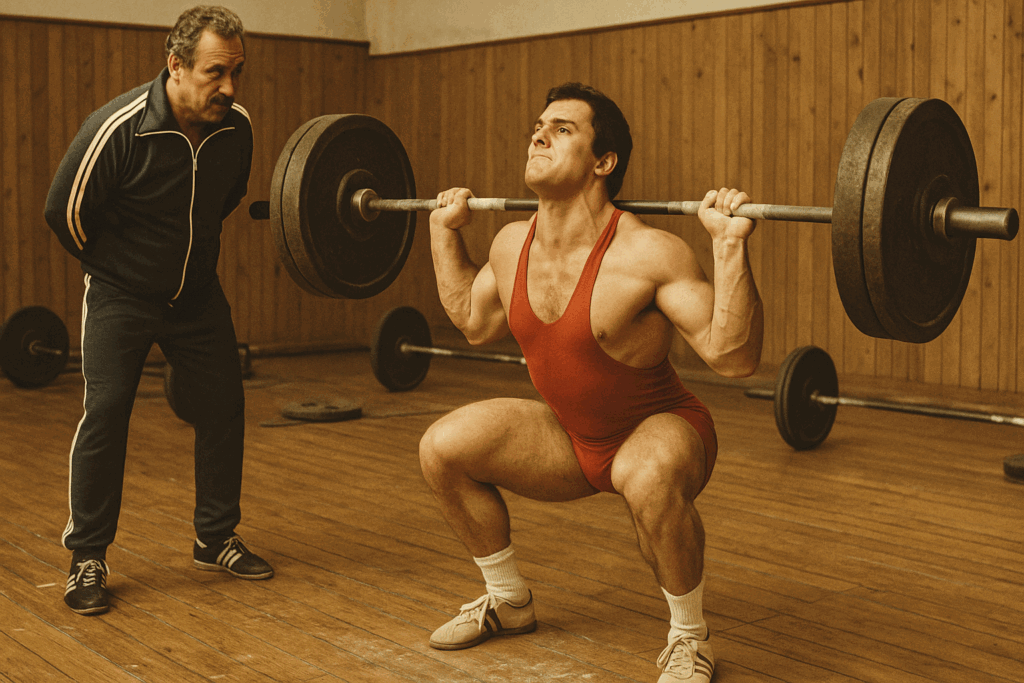 Vintage German coach overseeing barbell squats in a 1970s gym, illustrating roots of german volume training plan