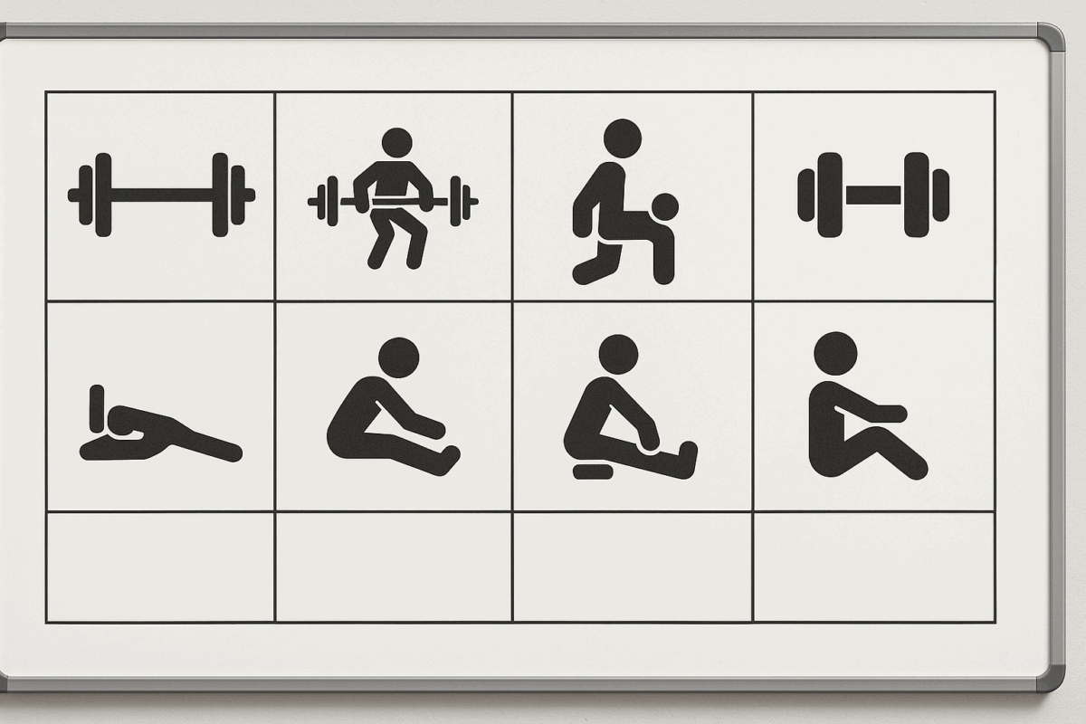 Weekly split chart for a german volume training plan shown on a gym whiteboard with icons for barbell, squat, dumbbell, and stretching