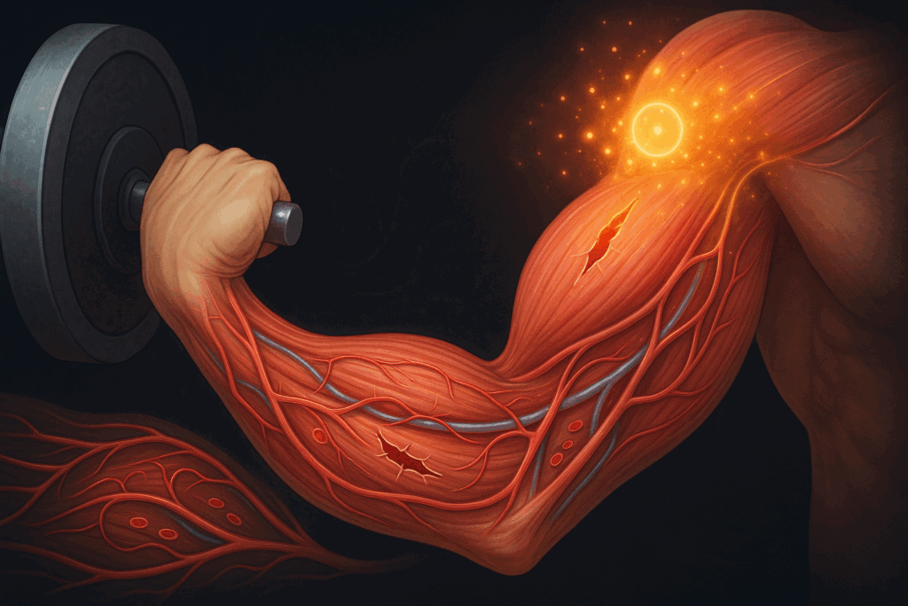 Muscle fibers under stress with microtears, capillary blood flow, and hormone activity during a german volume training plan