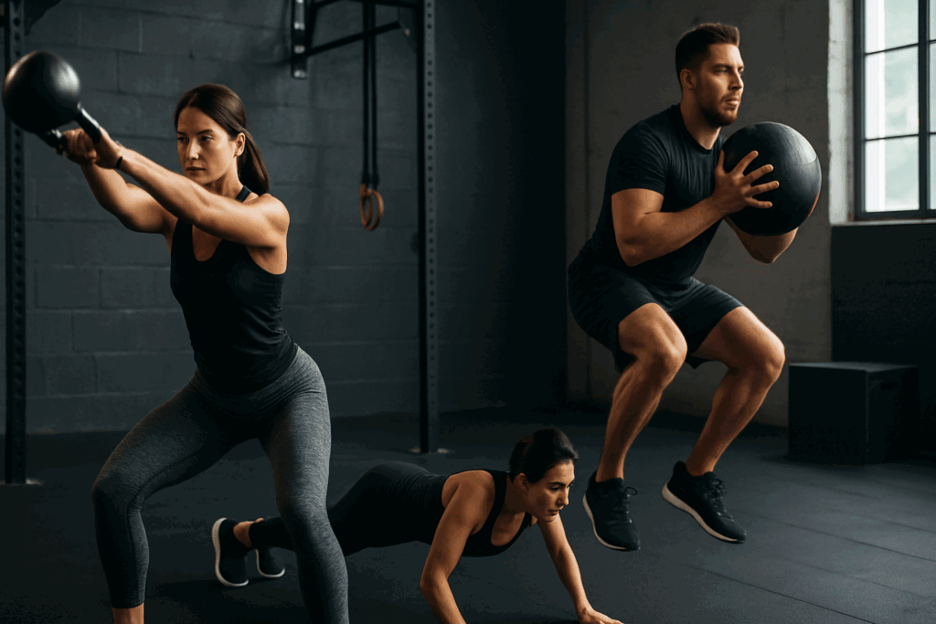 Two athletes training side by side in a gym—one doing burpees and kettlebell swings for fat loss, the other performing explosive squats with a medicine ball as part of a german volume training plan.