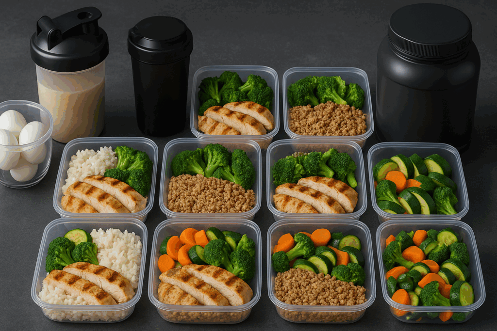 Meal prep containers with grilled chicken, quinoa, rice, vegetables, and protein supplements arranged for a german volume training plan.