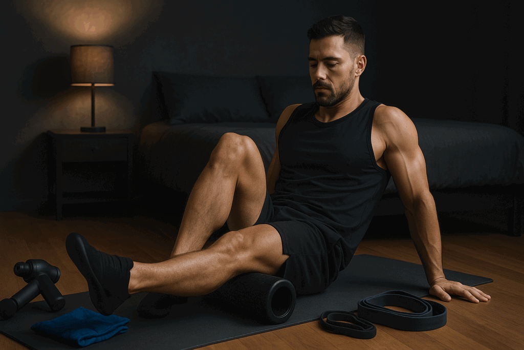 Athlete using foam roller in dark room with recovery tools, emphasizing rest in a german volume training plan.