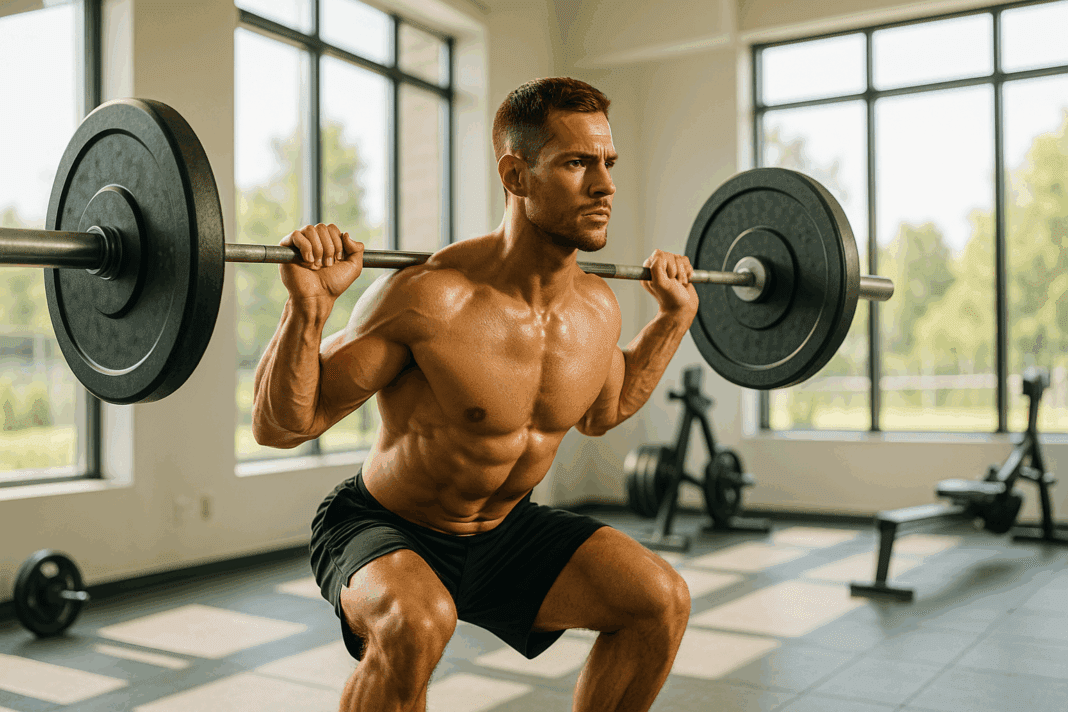 The Ultimate Guide on How to Get in Shape Fast for Men with Strength Training That Works_01 Muscular man doing barbell squats in a bright, sunlit modern gym for how to get in shape fast for men.