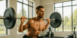 Muscular man doing barbell squats in a bright, sunlit modern gym for how to get in shape fast for men.