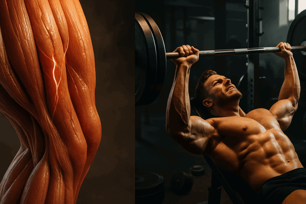 Split view of muscle fibers under tension and a man bench pressing in a gym, illustrating how to get in shape fast for men.
