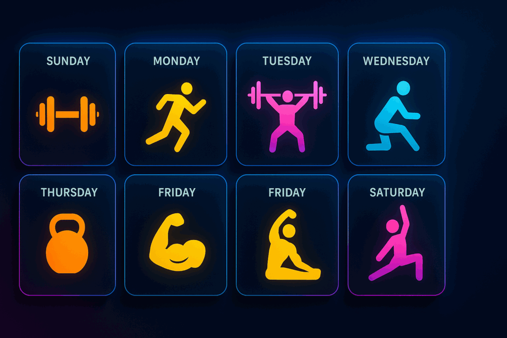 Colorful weekly workout calendar using fitness icons to visually represent how to get in shape fast for men through consistent training.