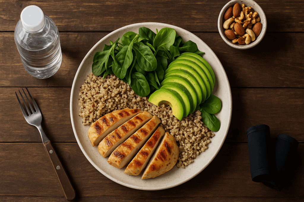 High-protein meal with grilled chicken, quinoa, avocado, and greens illustrating how to get in shape fast for men through nutrition