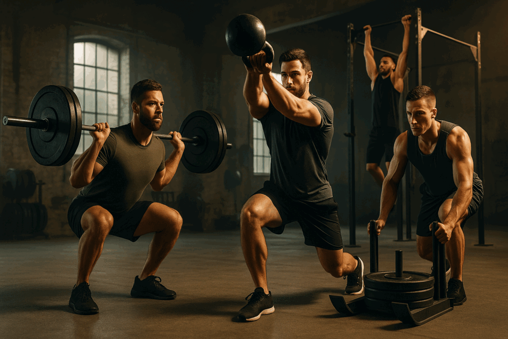 Men performing squats, kettlebell swings, sled pushes, and pull-ups in a gritty gym showing how to get in shape fast for men