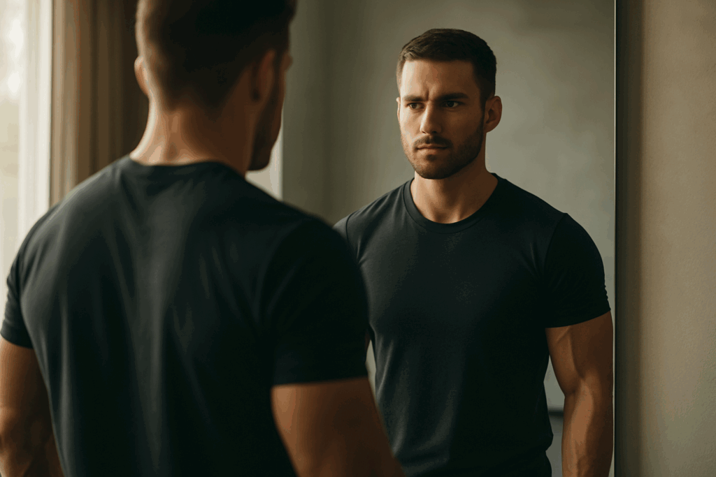 Fit man standing confidently in front of a mirror with focused expression, symbolizing mindset shift in how to get in shape fast for men.