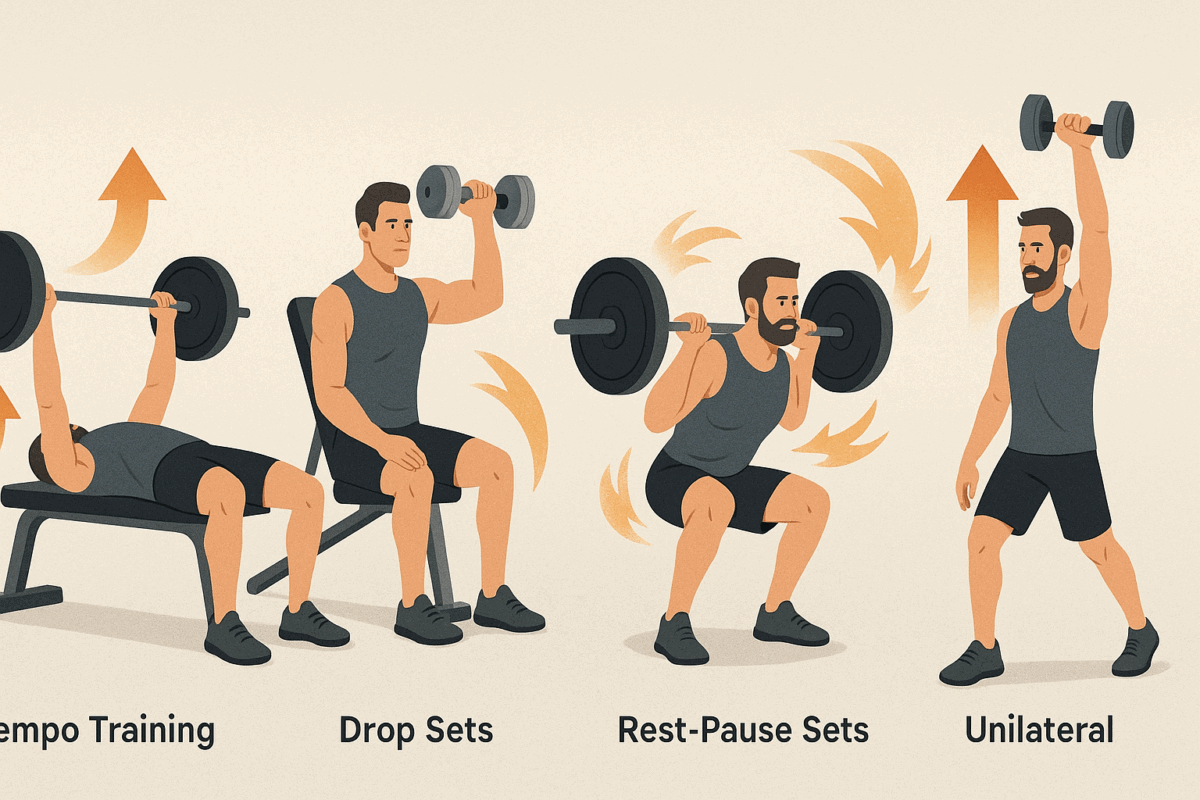 Illustration of four advanced training techniques showing how to get in shape fast for men through tempo, drop sets, rest-pause, and unilateral moves.