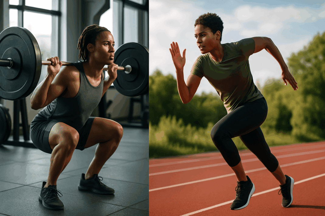 The Ultimate Guide to Building Muscle with a Cardio and Strength Training Schedule001 Split-screen showing a person squatting with a barbell in a gym and sprinting outdoors, representing a cardio and strength training schedule.