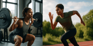 Split-screen showing a person squatting with a barbell in a gym and sprinting outdoors, representing a cardio and strength training schedule.