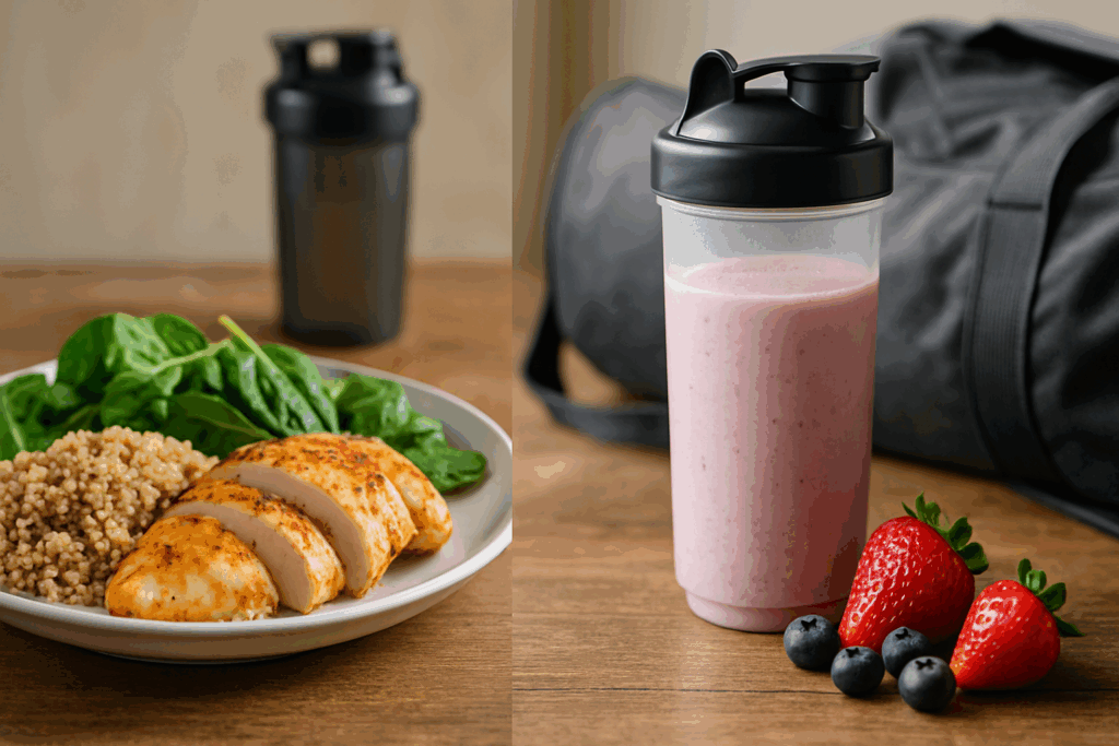 Split-screen of a pre-workout chicken, quinoa, and spinach meal beside a post-workout fruit protein shake, supporting a cardio and strength training schedule.